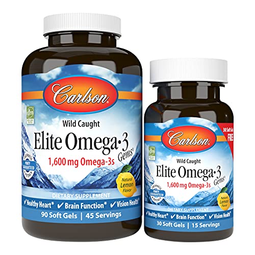 Carlson - Elite Omega-3 Gems, 1600 mg Omega-3 Fatty Acids Including EPA and DHA, Norwegian, Wild-Caught Fish Oil Supplement, Sustainably Sourced Omega 3 Fish Oil Capsules, Lemon, 90+30 Softgels