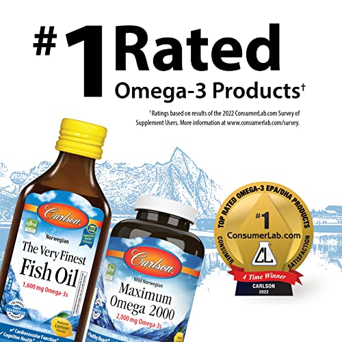 Carlson - Kid's The Very Finest Fish Oil Liquid, 800 mg Omega-3s, Norwegian, Wild-Caught Fish Oil, Omega 3 Liquid for Kids, Sustainably Sourced, Lemon, 200 ml