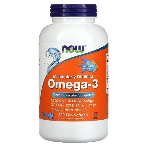 NOW Supplements, Omega-3 180 EPA / 120 DHA, Molecularly Distilled, Cardiovascular Support*, 200-Fish Gelatin Softgels,Packaging may vary