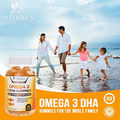 Omega 3 Fish Oil Gummies, Heart Healthy Omega 3s with DHA & EPA, Extra Strength Joint & Brain Support, Omega 3 Fish Oil Supplement Nature's Gummy Vitamin for Men & Women, Orange Flavor - 120 Gummies