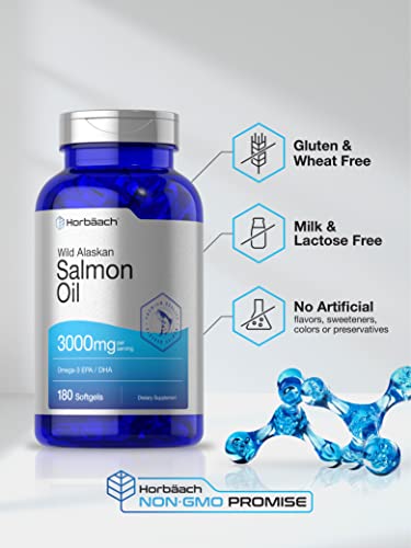 Wild Alaskan Salmon Fish Oil | 180 Softgel Capsules | Gluten Free, Non-GMO | High Potency | Excellent Source of Omega-3 Fatty Acids EPA and DHA | by Horbaach