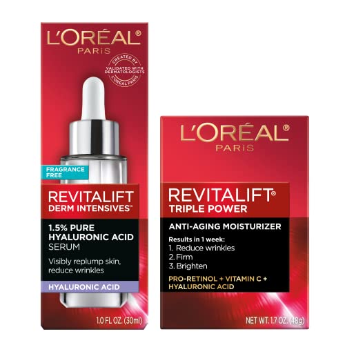 L'Oreal Paris Revitalift Triple Power Anti-Aging Face Moisturizer & Hyaluronic Acid Face Serum, Paraben & Fragrance Free Regimen Kit, 2 Count
