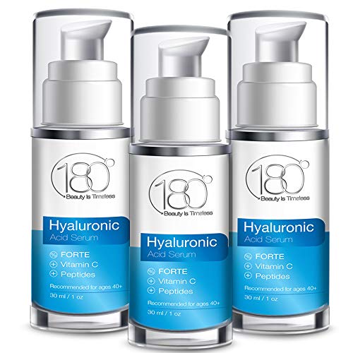 Hyaluronic Acid Serum for Face - Forte Triple Moisturizing Formula with Vitamin C by 180 Cosmetics Beauty is Timeless - Smooth & Rejuvenate Pure Anti Aging Facial Moisturizer for Women - Wrinkle 1oz