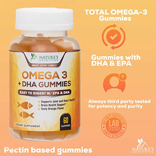 Omega 3 Fish Oil Gummies, Heart Healthy Omega 3s with DHA & EPA, Extra Strength Joint & Brain Support, Omega 3 Fish Oil Supplement Nature's Gummy Vitamin for Men & Women, Orange Flavor - Parent