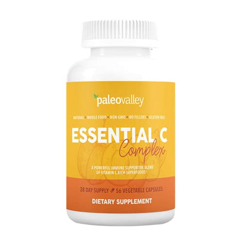 Paleovalley Essential C Complex - Vitamin C Supplement for Immune Support - 1 Pack, 450mg - Organic Superfoods Unripe Acerola Cherry, Camu Camu, Amla Berry - No Synthetic Ascorbic Acid - USA Made