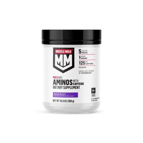 Muscle Milk Pro Series Aminos with Caffeine Powder Supplement, Grape Blast, 10.6 Ounces, 25 Servings, 5g BCAAs, 125mg Caffeine, 1g Sugar, Vitamin B12, NSF Certified for Sport, Packaging May Vary