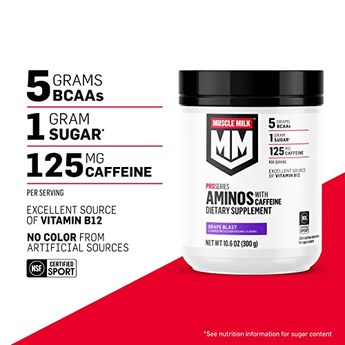 Muscle Milk Pro Series Aminos with Caffeine Powder Supplement, Grape Blast, 10.6 Ounces, 25 Servings, 5g BCAAs, 125mg Caffeine, 1g Sugar, Vitamin B12, NSF Certified for Sport, Packaging May Vary