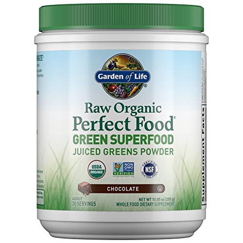Garden of Life Raw Organic Perfect Food Green Superfood Juiced Greens Powder - Chocolate, 30 Servings - Non-GMO, Gluten Free, Vegan Whole Food Dietary Supplement, Plus Probiotics, 10.05 oz