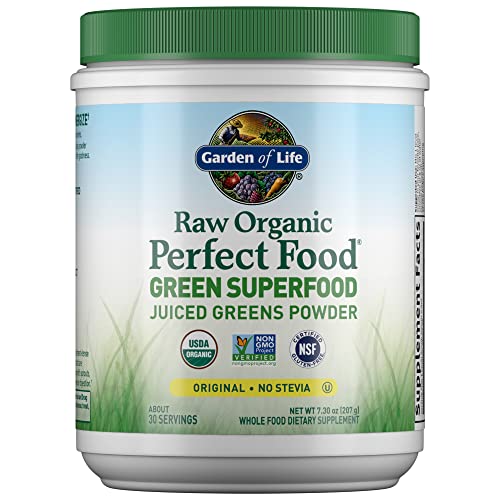 Garden of Life Raw Organic Perfect Food Green Superfood Juiced Greens Powder - Original Stevia-Free, 30 Servings, Non-GMO, Gluten Free Whole Food Dietary Supplement, Alkalize, Detoxify, Energize