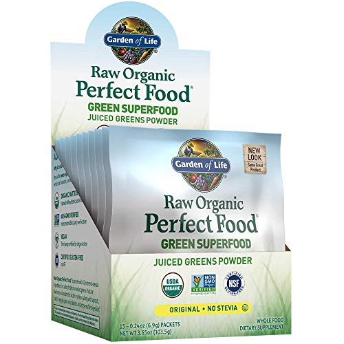Garden of Life Raw Organic Perfect Food Green Superfood Juiced Greens Powder Single Serving Packets - Original Stevia-Free (15 Count) - Non-GMO, Gluten Free Whole Food Dietary Supplement, Probiotics