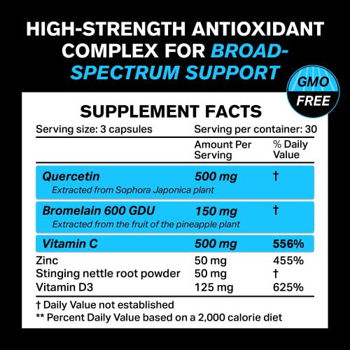 𝗪𝗜𝗡𝗡𝗘𝗥 Quercetin 500mg Supplement with Bromelain - Supports Immune Response, Joint Comfort, and Overall Wellness - Vitamin C, Zinc 50mg, and Vitamin D3 5000 IU - 5 in 1 Immunity Health Pills