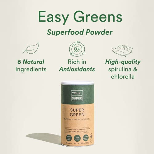 Your Super Organic Super Green Smoothie Mix – Superfood Powder for Natural Immune Support, Made with Wheatgrass, Barley Grass, Moringa, Spirulina, Chlorella & Baobab Powder (30 Servings)