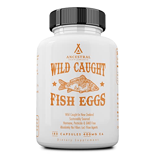 Ancestral Supplements Wild Caught Fish Eggs, 2400mg, Omega-3 Supplement Supports Brain, Heart, Fertility and Inflammatory Health, Whole Food Source of Vitamin D, K2, and A, Non-GMO, 180 Capsules