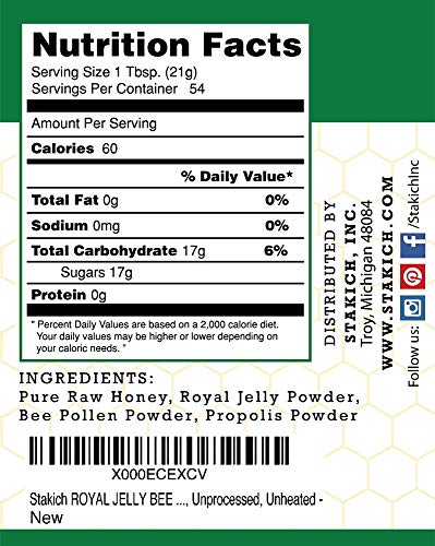 Stakich Royal Jelly, Bee Pollen, Propolis Enriched Raw Honey - Pure, Unprocessed, Unheated