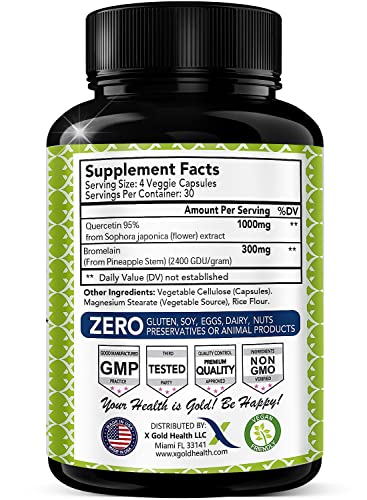 X Gold Health Quercetin + Bromelain Supplement - 120 Count (1,300mg Servings) – Quercetin: 95% - Highly Purified and Highly Bioavailable Plus Bromelain 2,400 GDU/g - Manufactured in USA