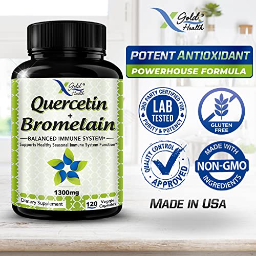 X Gold Health Quercetin + Bromelain Supplement - 120 Count (1,300mg Servings) – Quercetin: 95% - Highly Purified and Highly Bioavailable Plus Bromelain 2,400 GDU/g - Manufactured in USA