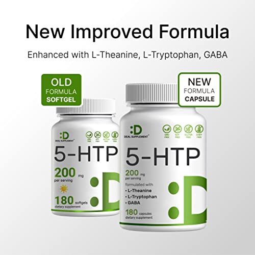 5-HTP 200mg Per Serving, 180 Capsules, 98% African Derived Griffonia Seed Extract | 4 in 1 Formula Plus Active L-Theanine, L-Tryptophan & GABA, Complete Support for Positive Mood, Relaxation