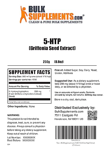 BULKSUPPLEMENTS.COM 5-HTP Powder - 5-Hydroxytryptophan - 5 HTP Supplement - 5-HTP 200mg - HTP5 Supplement - from Griffonia Seed Extract - 200mg per Serving, 1250 Servings (250 Grams - 8.8 oz)