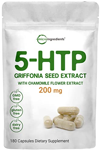 Micro Ingredients 5-HTP 200mg with Chamomile Flower Extract, 180 Capsules, 2 in 1 Formula, 98% Griffonia Seed Extract, Enhanced with Chamomile | Highly Bioavailable for Mood, Sleep & Relaxation