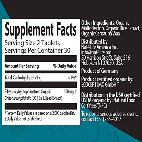 naturity Organic 5-HTP - 100MG/serving - from Organic Griffonia Simplicifolia Extract - Relax Mood, Relieve Stress, & Improve Sleep - 60 Vegan Tablets