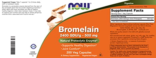 NOW Bromelain 500 mg, 200 Veg Capsules (Pack of 2) Supplement - Non-GMO, Vegan 500mg Caps