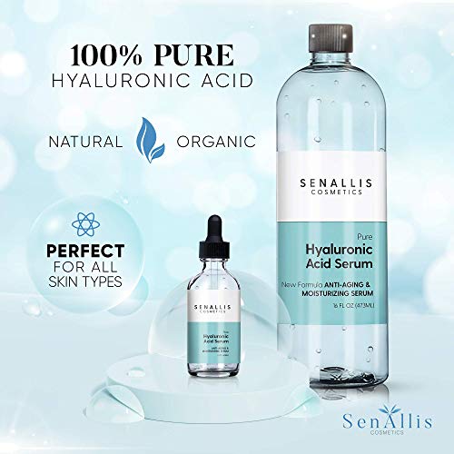 Hyaluronic Acid Serum 16 fl oz And 2 fl oz, Made From Pure Hyaluronic Acid, Anti Aging, Anti Wrinkle, Ultra Hydrating Moisturizer That Reduces Dry Skin Manufactured In USA