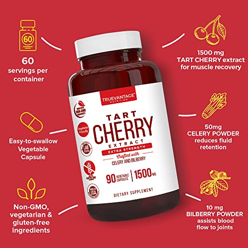 Truevantage Nutrition Tart Cherry Extract 1500mg Plus Celery Seed and Bilberry Extract -Antioxidant Supplement, Uric Acid Support, Muscle Recovery and Joint Support-90 Veggie Capsules