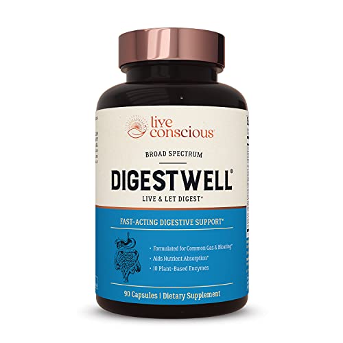 Live Conscious DigestWell Immediate Support - Fast-Acting Digestive Support | Broad Spectrum Enzyme, Probiotic & Herbal Formula - Decreases Everyday Gas & Bloating - 90 Capsules