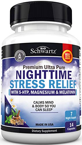 Nighttime Stress Relief Supplement - Natural Sleep Aid with Melatonin, 5-HTP, Magnesium, Valerian Root & Lemon Balm to Calm & Soothe Nerves - Wake Refreshed & Alert