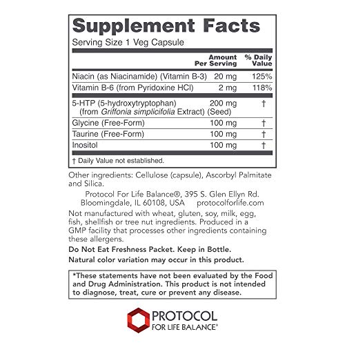 Protocol 5-HTP 200mg - Regulate Appetite - 5-HTP, Glycine, Taurine, Inositol - 60 Veg Caps