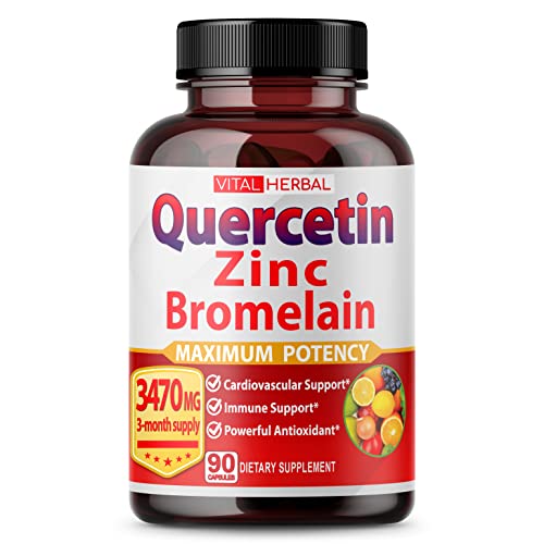 Premium High Purity Quercetin 98% with Bromelain Capsules Equivalent to 3470 mg - Maximum Potency with Green Tea Ashwagandha - Supports Overall Health Strength Energy - 90 Days Supply
