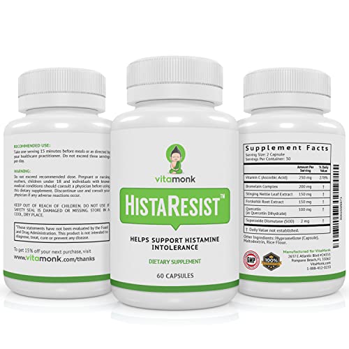 VitaMonk Histamine Blocker for Histamine Intolerance - HistaResist - SOD (DAO Enzyme Supplement Replacement) - SOD (Diamine Oxidase Replacement) - Shield Histamine for Smooth Digestion - 60 Capsules
