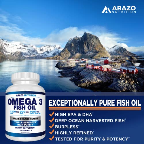 Arazo Nutrition Omega 3 Fish Oil 4,080mg - High EPA 1200mg + DHA 900mg Triple Strength Burpless Softgels (120 Soft Gels)