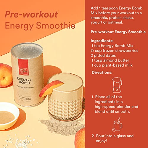 Your Super Energy Bomb – Pre-Workout Superfood Energy Drink Booster, With Banana, Guarana, Açaí, Berry, Maca Root, and Lucuma (40 Servings)