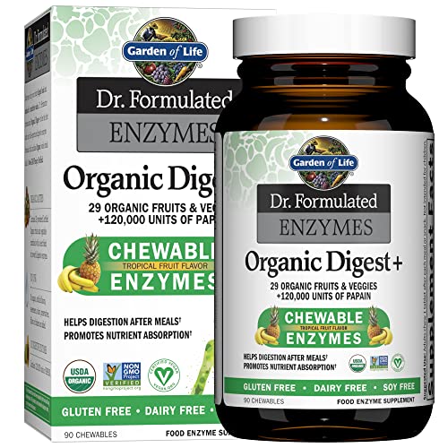 Garden of Life Dr Formulated Digestive Enzymes with Papain, Bromelain, Lipase for Digestion & Nutrient Absorption – Organic Digest+ - Vegan, Gluten-Free, Non-GMO, Tropical Fruit Flavor, 90 Chewables