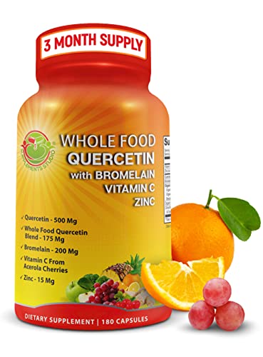 Quercetin with Bromelain, Vitamin C, and Zinc - Phytosome Quercetin 500mg - Enriched with Organic Whole Food Quercetin Blend, Ginger, and Flavonoids for Immune and Respiratory Support - 3 Month Supply