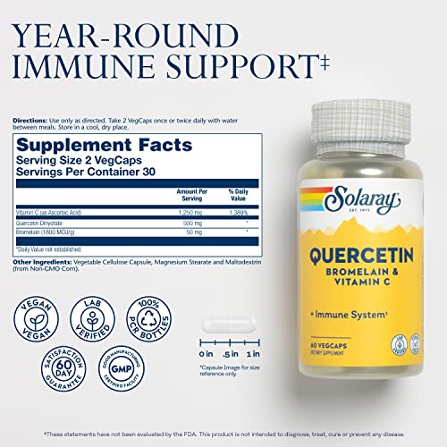 SOLARAY Quercetin Bromelain & Vitamin C, Immune System, Sinus, Respiratory & Antioxidant Activity Support, Vegan, 500mg of Quercetin & 1,235mg of VIT C, 60 Day Guarantee (60 CT, 20 Serv)