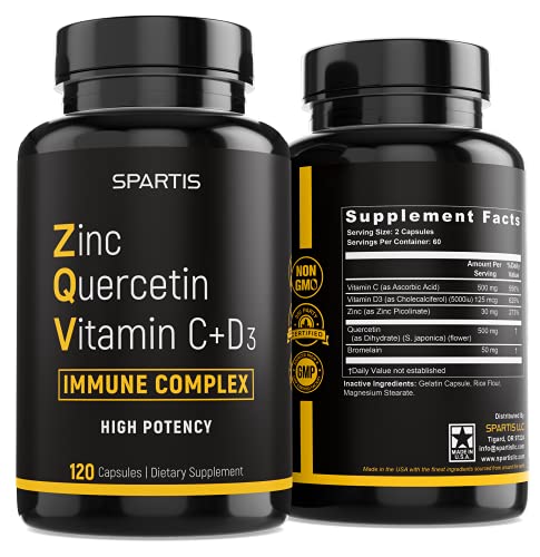 SPARTIS Zinc Quercetin 500mg with Vitamin C Vitamin D3 Bromelain Immune Support High Potency Quercetin Zinc Supplement ZQV (Pack of 1 at 120-Caps)