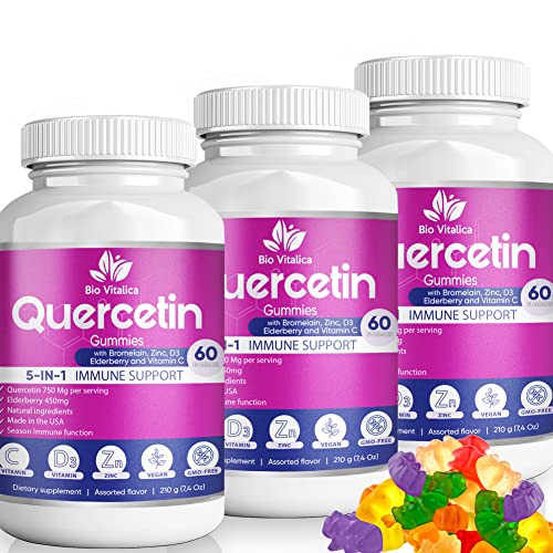 BIO VITALICA (3 Pack) Quercetin Gummies by BioVitalica - Quercetin with Bromelain Vitamin C and Zinc & Elderberry + Vitamin D3-5 in 1 Immune Support - Zinc Quercetin 750 mg for Kids and Adults
