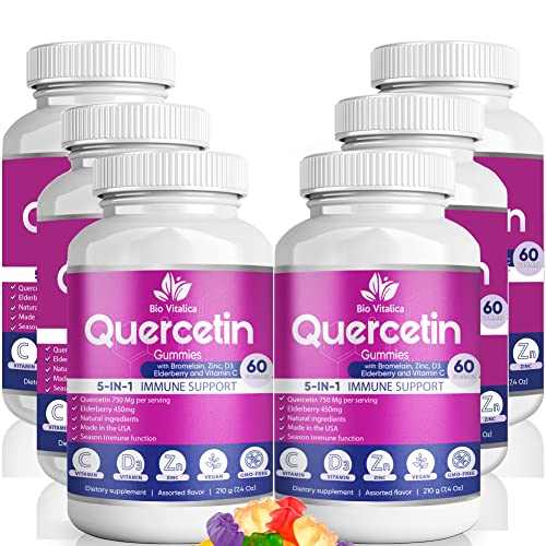 BIO VITALICA (6 Pack) Quercetin Gummies by BioVitalica - Quercetin with Bromelain Vitamin C and Zinc & Elderberry + Vitamin D3-5 in 1 Immune Support - Zinc Quercetin 750 mg for Kids and Adults
