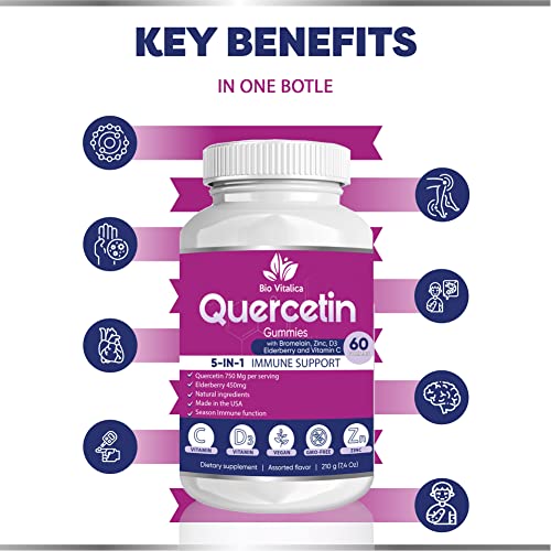 BIO VITALICA (5 Pack) Quercetin Gummies by BioVitalica - Quercetin with Bromelain Vitamin C and Zinc & Elderberry + Vitamin D3-5 in 1 Immune Support - Zinc Quercetin 750 mg for Kids and Adults
