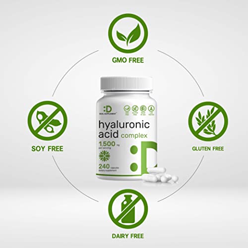 Hyaluronic Acid Supplements 1,500mg – 240 Capsules, with MSM & Vitamin C – Pure 95% | Non-GMO + Plant Based HA – Supports Healthy Joints, Bones, Connective Tissue, & Skin Hydration