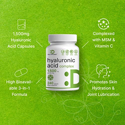 Hyaluronic Acid Supplements 1,500mg – 240 Capsules, with MSM & Vitamin C – Pure 95% | Non-GMO + Plant Based HA – Supports Healthy Joints, Bones, Connective Tissue, & Skin Hydration