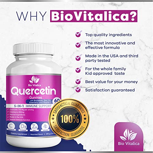 BIO VITALICA Quercetin Gummies by BioVitalica - Quercetin with Bromelain Vitamin C and Zinc & Elderberry + Vitamin D3-5 in 1 Immune Support - Zinc Quercetin 750 mg for Kids and Adults (1)