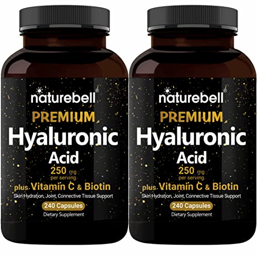 NatureBell 2 Pack Plant Based Hyaluronic Acid Supplements 250mg with 25mg Vitamin C & Biotin 5000mcg, 480 Total Capsules | Essential for Hair Growth, Joint Support, & Hydrating Skin | Non-GMO
