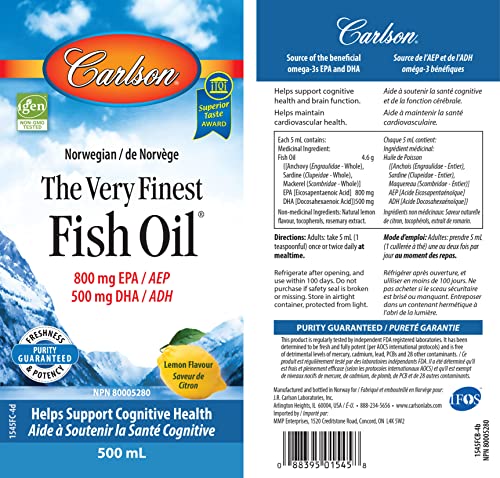 Carlson - The Very Finest Fish Oil, 1600 mg Omega-3s, Liquid Fish Oil Supplement, Norwegian Fish Oil, Wild-Caught, Sustainably Sourced Fish Oil Liquid, Lemon, 16.9 Fl Oz