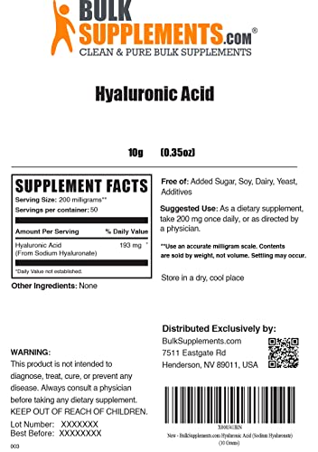 BulkSupplements.com Hyaluronic Acid Powder - Hyaluronic Acid Supplements - Hyaluronic Acid 200mg - Hyaluronic Acid Food Grade - 200mg of Pure Hyaluronic Acid per Serving (10 Grams - 0.35 oz)