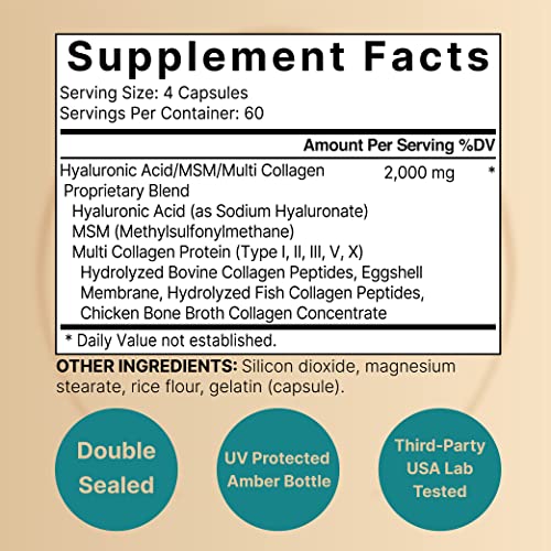 NatureBell Hyaluronic Acid Supplements 2000mg | 240 Capsules, with MSM & Multi Collagen – 3 in 1 Support – Skin Hydration, Joint Lubrication, Hair, and Eye Health