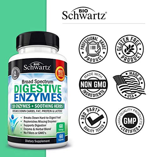 BioSchwartz Digestive Enzymes Supplement - Broad Spectrum 10 Enzymes + Herbal Comfort Blend - Vegan Formula for Digestion & Bloating Support - with Bromelain, Papain & Amylase