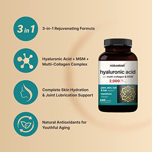 NatureBell Hyaluronic Acid Supplements 2000mg | 240 Capsules, with MSM & Multi Collagen – 3 in 1 Support – Skin Hydration, Joint Lubrication, Hair, and Eye Health